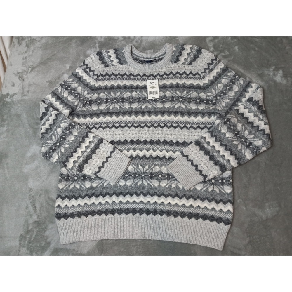 NWT Lands End Mens Fair Isle Sweater Large Gray Geometric Knit Crewneck Cozycore